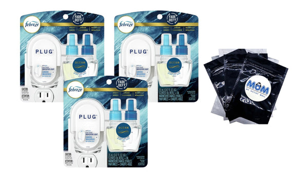 Plug In Air Freshener, Odor-Fighting Scented Oil Starter Kit, Ocean Scent, Warmer + 1 Refill - 3 packs - 2 count per pack - plus 3 My Outlet Mall Resealable Storage Pouches
