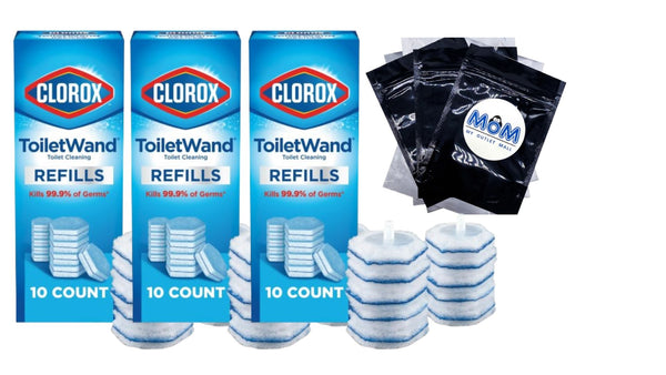 ToiletWand Disinfecting Brush Refills, Toilet Bowl Cleaner Disposable Wand Heads - 3 Packs - 10 Count per pack - plus 3 My Outlet Mall Resealable Storage Pouches