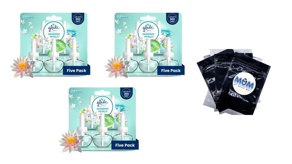 PlugIns Refills Air Freshener, Dewdrop Petals, 3.35 oz - 3 packs - 5 Count  per pack - plus 3 My Outlet Mall Resealable Storage Pouches