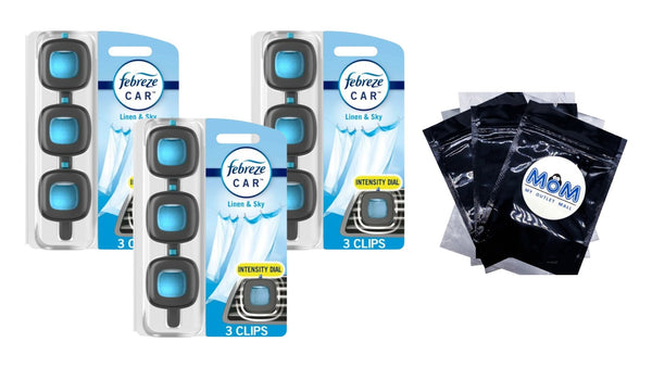 Air Freshener, Odor-Fighting Car Vent Clip, Linen & Sky - 3 packs - 3 count per pack plus 3 My Outlet Mall Resealable Storage Pouches