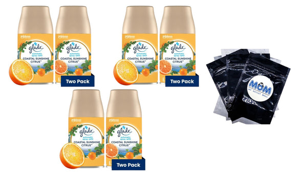 Automatic Spray Refills, Air Freshener, Infused with Essential Oils, Coastal Sunshine Citrus - 3 packs - 2 count per pack - plus 3 My Outlet Mall Resealable Storage Pouches
