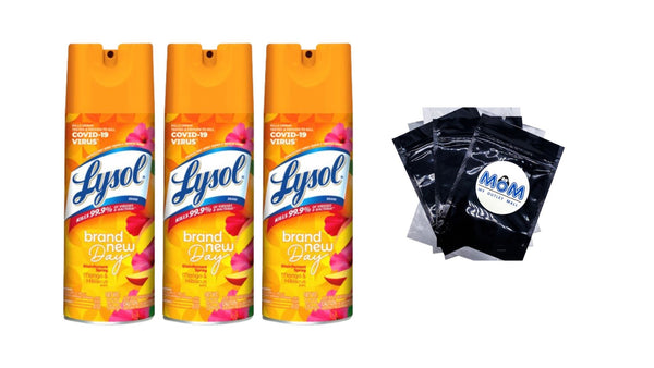 Disinfectant Spray, Sanitizing and Antibacterial Spray, For Disinfecting and Deodorizing, Brand New Day - Mango & Hibiscus - 3 packs - 12.5 oz per pack - plus 3 My Outlet Mall Resealable Storage Pouches