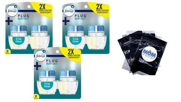 Plug In Air Freshener, Odor-Fighting Scented Oil Refill, Heavy Duty Crisp Clean - 3 packs - 2 count per pack - plus 3 My Outlet Mall Resealable Storage Pouches