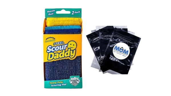 Scour Daddy Steel Scouring Pad Scrub Sponge - Stainless Steel Fibers - Durable, Shred-Resistant Scrubbing Pads - 1 Pack - 3 Counts per pack - plus 3 My Outlet Mall Resealable Storage Pouches