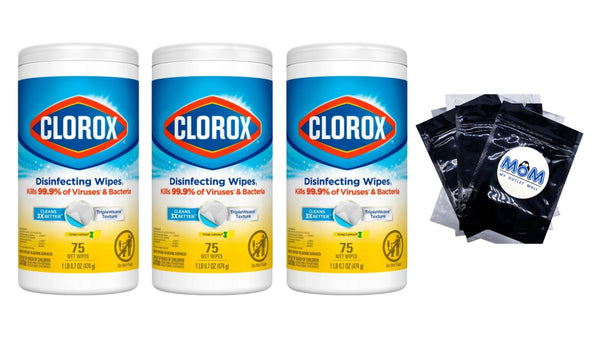 Disinfecting Wipes, Bleach Free Cleaning Wipes, Crisp Lemon - 3 packs - 75 count per pack - plus 3 My Outlet Mall Resealable Storage Pouches