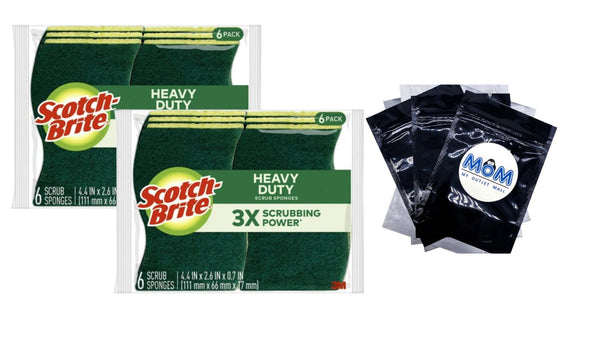 Heavy Duty Scrub Sponge - 2 Packs - 6 counts per pack - plus 3 My Outlet Mall Resealable Storage Pouches
