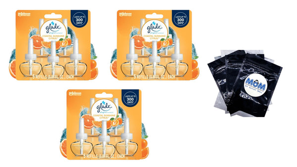 PlugIns Air Freshener Refills, Mothers Day Gifts, Coastal Sunshine Citrus, Infused with Essential Oils, 0.67 oz - 3 packs - 5 Count per pack - plus 3 My Outlet Mall Resealable Storage Pouches