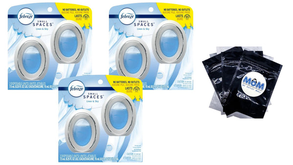 Small Spaces Air Freshener, Odor-Fighting, Linen & Sky - 3 packs - 2 count per pack - plus 3 My Outlet Mall Resealable Storage Pouches