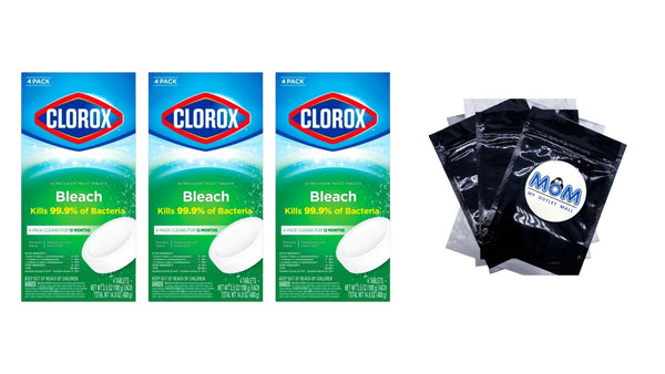 Bleach Automatic Toilet Bowl Cleaner Tablets - 3 packs -  4 count per pack - plus 3 My Outlet Mall Resealable Storage Pouches