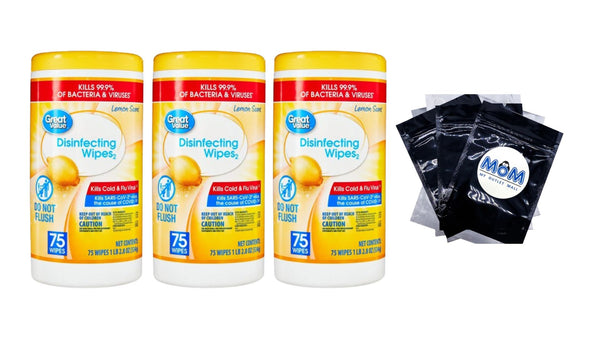 Lemon Scent Disinfecting Wipes - 3 packs - 75 count per pack - plus 3 My Outlet Mall Resealable Storage Pouches