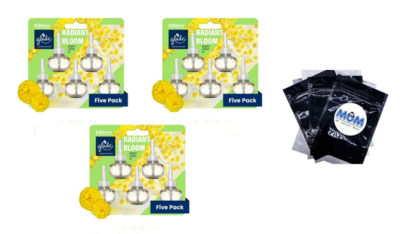 PlugIns Scented Oil Air Freshener, Radiant Bloom Limited Edition, 3.35 oz - 3 packs - 5 Count  per pack - plus 3 My Outlet Mall Resealable Storage Pouches
