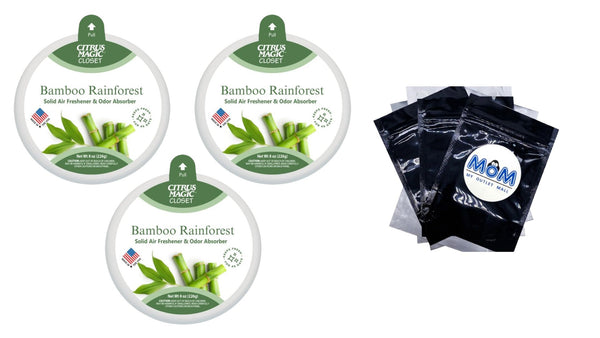 For Closets Odor Absorbing Solid Air Freshener, Bamboo Rainforest -  3 packs - 8 oz per pack plus 3 My Outlet Mall Resealable Storage Pouches