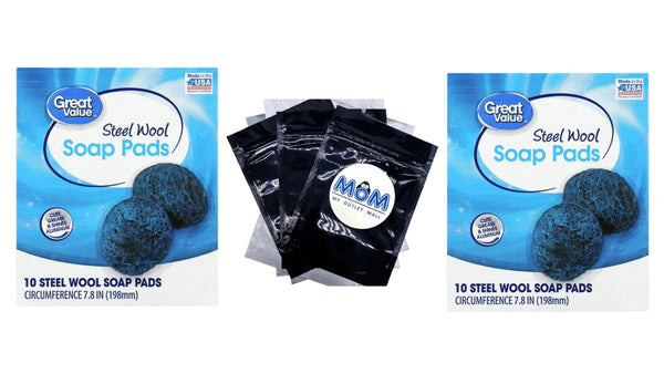 Steel Wool Soap Pads - 2 Packs - 10 pads per pack - plus 3 My Outlet Mall Resealable Storage Pouches