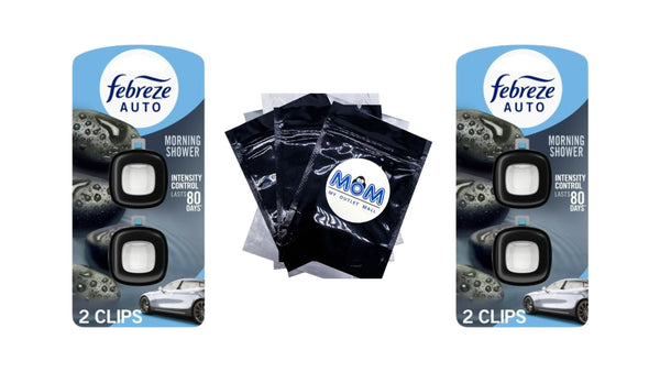 Car Air Freshener, Odor-Fighting Car Vent Clip, Morning Shower - 2 packs - 2 count per pack plus 3 My Outlet Mall Resealable Storage Pouches