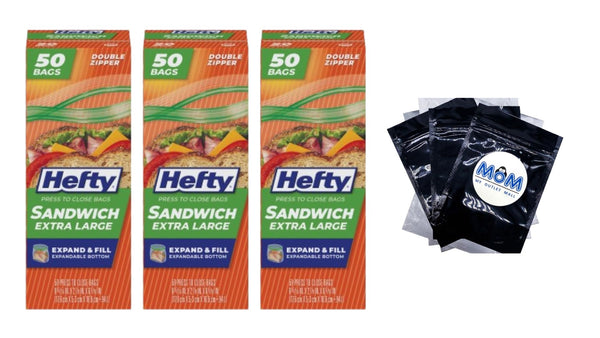 Press to Close Plastic Bags for Food Storage, XL Sandwich Size  - 3 packs -  50 Count per pack - plus 3 My Outlet Mall Resealable Storage Pouches