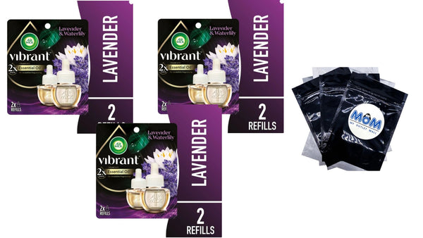 Vibrant Plug in Scented Oil Refill, Air Freshener, Lavender & Waterlily - 3 packs - 2 Count per pack - plus 3 My Outlet Mall Resealable Storage Pouches