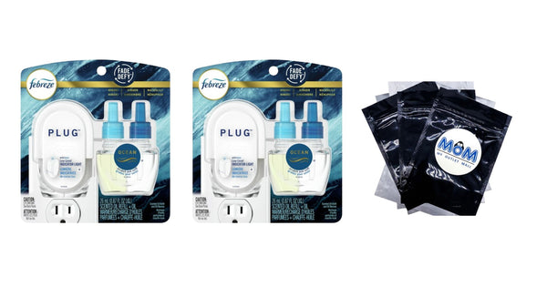 Plug In Air Freshener, Odor-Fighting Scented Oil Starter Kit, Ocean Scent, Warmer + 1 Refill - 2 packs - 2 count per pack - plus 3 My Outlet Mall Resealable Storage Pouches