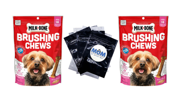 Brushing Chews Daily Dental Dog Treats, Mini, 2 pack, 7.1 oz (18 Bones) per pack, plus 3 My Outlet Mall Resealable Storage Pouches