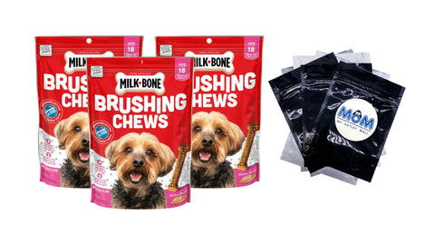 Brushing Chews Daily Dental Dog Treats, Mini, 3 pack, 7.1 oz (18 Bones) per pack, plus 3 My Outlet Mall Resealable Storage Pouches