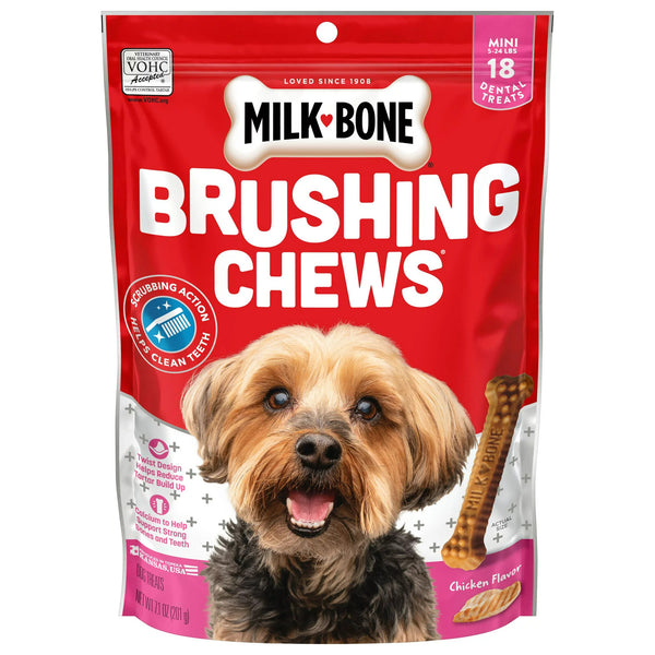 Brushing Chews Daily Dental Dog Treats, Mini, 2 pack, 7.1 oz (18 Bones) per pack, plus 3 My Outlet Mall Resealable Storage Pouches