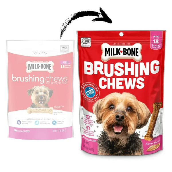 Brushing Chews Daily Dental Dog Treats, Mini, 2 pack, 7.1 oz (18 Bones) per pack, plus 3 My Outlet Mall Resealable Storage Pouches