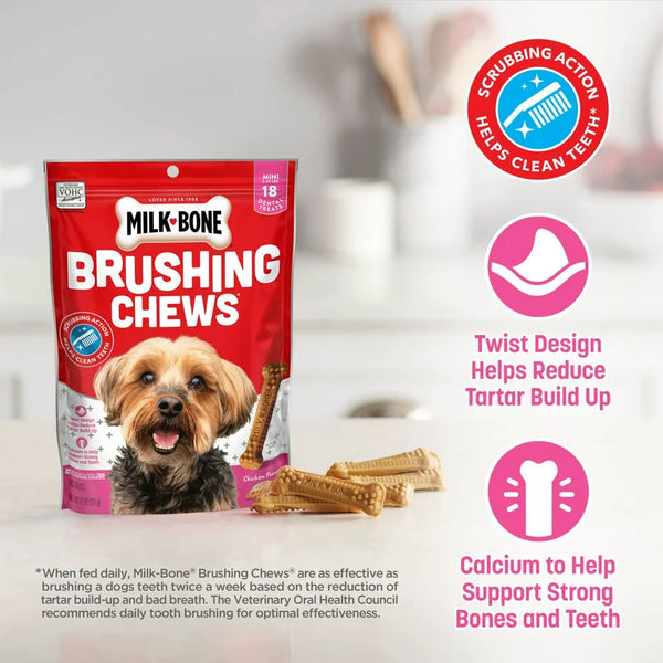 Brushing Chews Daily Dental Dog Treats, Mini, 2 pack, 7.1 oz (18 Bones) per pack, plus 3 My Outlet Mall Resealable Storage Pouches