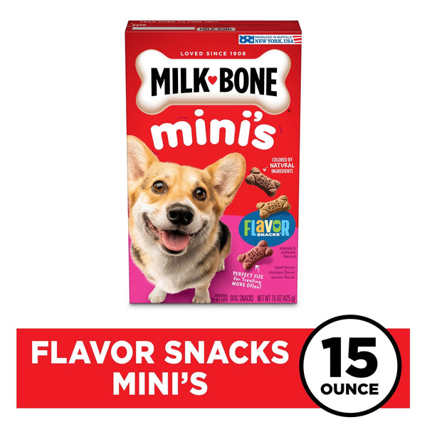 Flavor Snacks Mini Dog Biscuits, Flavored Crunchy Dog Treats, 3 pack, 15 oz per pack, plus 3 My Outlet Mall Resealable Storage Pouches