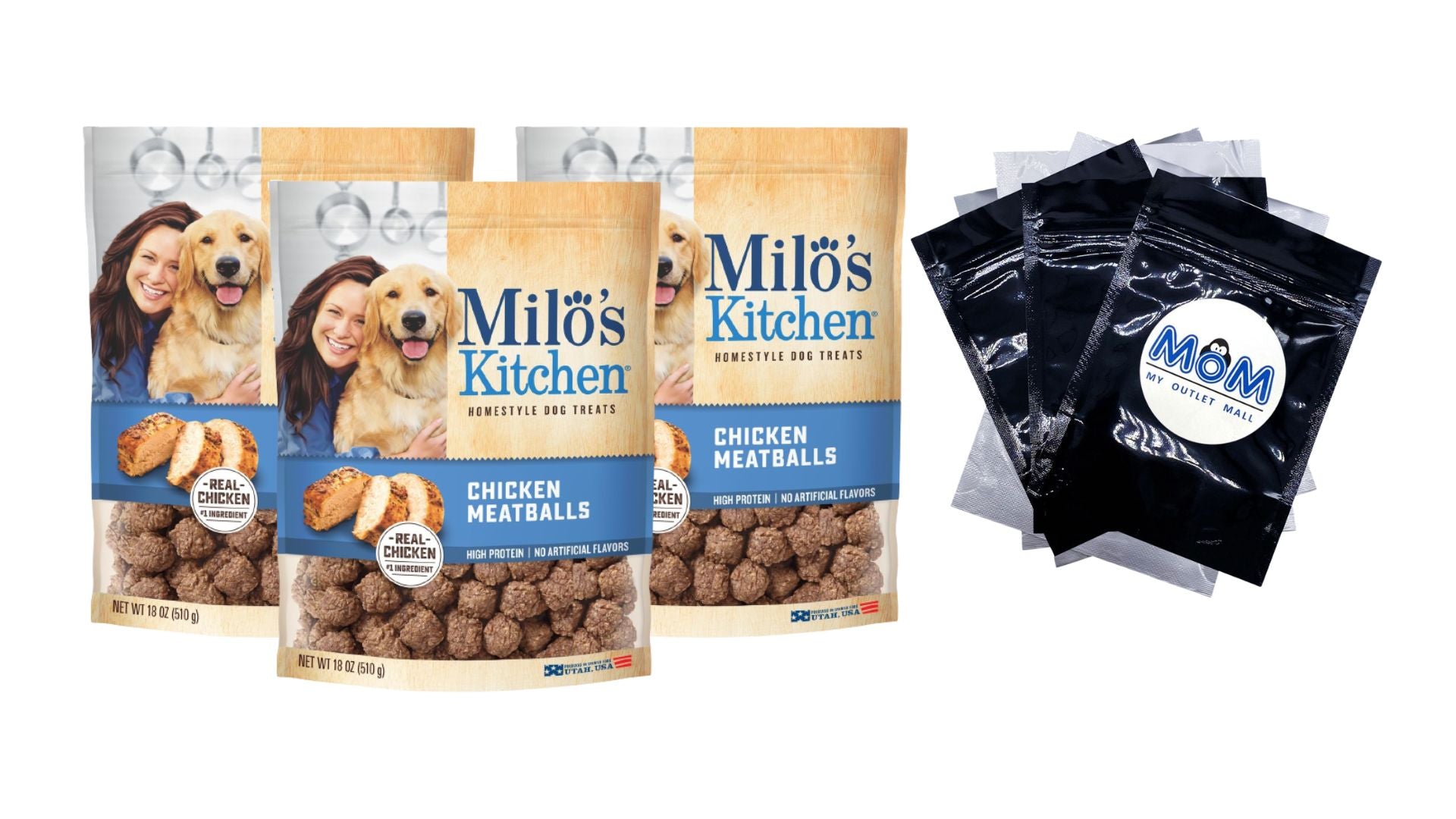 Chicken Meatballs Dog Treats, 3 pack, 18 oz per pack, plus 3 My Outlet Mall Resealable Storage Pouches