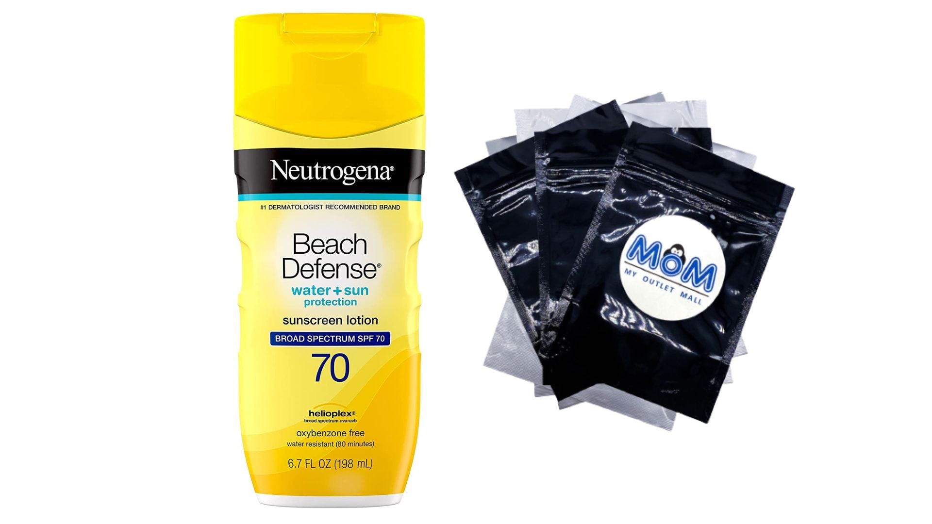 Beach Defense SPF 70 Sunscreen Lotion Oil-free, 1 pack, 6.7 oz, Neutrogena, plus 3 My Outlet Mall Resealable Storage Pouches