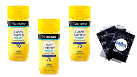 Beach Defense SPF 70 Sunscreen Lotion Oil-free, 3 pack, 6.7 oz per pack, Neutrogena, plus 3 My Outlet Mall Resealable Storage Pouches