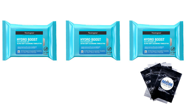 Neutrogena Hydro Boost Face Cleansing Makeup Remover Wipes ,3 packs ,25 count per pack - plus 3 My Outlet Mall Resealable Storage Pouches