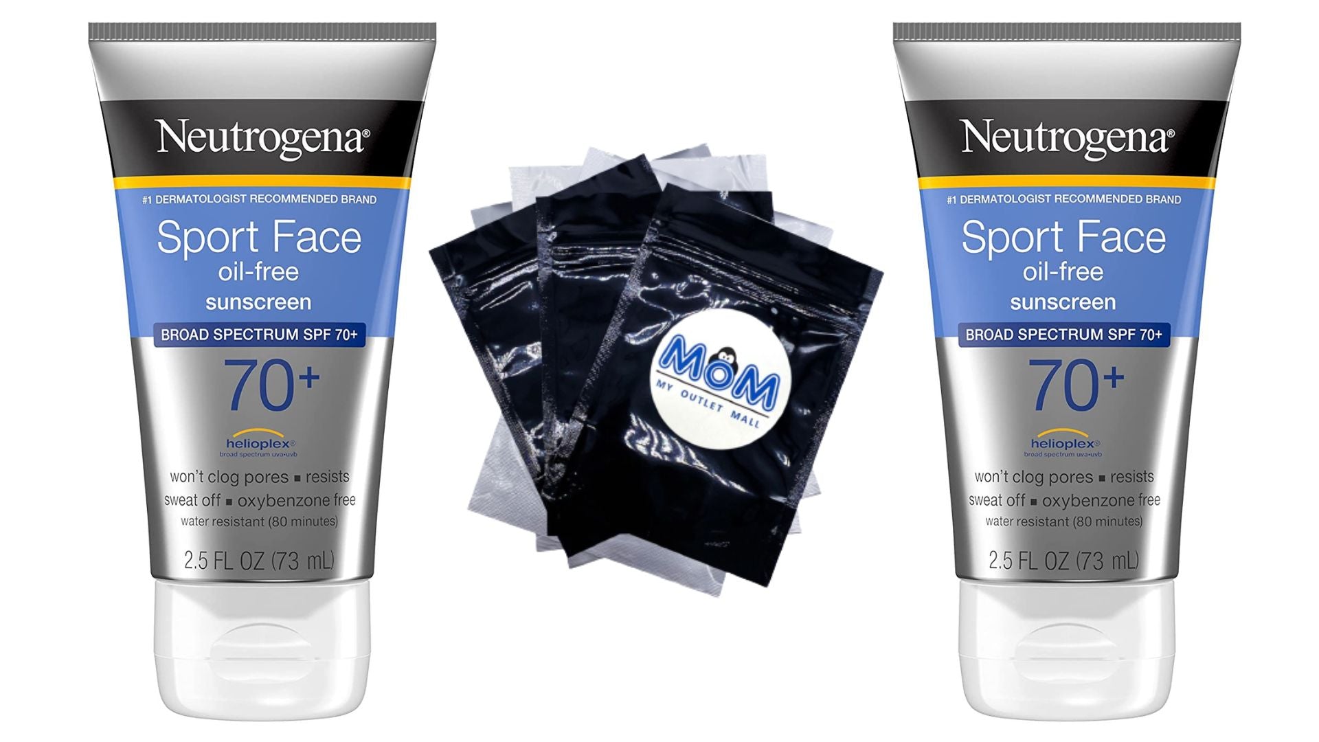 Sport Face Oil-free Lotion Sunscreen SPF 70, 2 pack, 2.5fl oz per pack, Neutrogena, plus 3 My Outlet Mall Resealable Storage Pouches