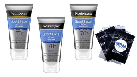 Sport Face Oil-free Lotion Sunscreen SPF 70, 3 pack, 2.5fl oz per pack, Neutrogena, plus 3 My Outlet Mall Resealable Storage Pouches