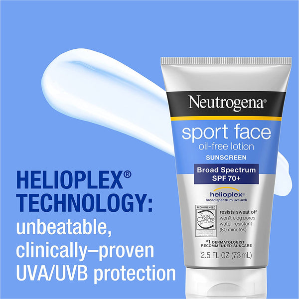 Sport Face Oil-free Lotion Sunscreen SPF 70, 2 pack, 2.5fl oz per pack, Neutrogena, plus 3 My Outlet Mall Resealable Storage Pouches