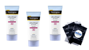 Ultra Sheer Dry-Touch SPF 30 Sunscreen Lotion, 3 pack, 5 fl oz per pack, Neutrogena, plus 3 My Outlet Mall Resealable Storage Pouches