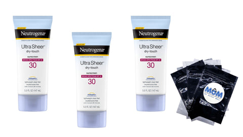 Ultra Sheer Dry-Touch SPF 30 Sunscreen Lotion, 3 pack, 5 fl oz per pack, Neutrogena, plus 3 My Outlet Mall Resealable Storage Pouches