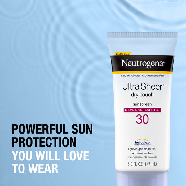 Ultra Sheer Dry-Touch SPF 30 Sunscreen Lotion, 2 pack, 5 fl oz per pack, Neutrogena, plus 3 My Outlet Mall Resealable Storage Pouches