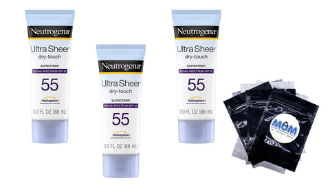 Ultra Sheer Dry-Touch SPF 55 Sunscreen Lotion, 3 pack, 3fl oz per pack, Neutrogena, plus 3 My Outlet Mall Resealable Storage Pouches