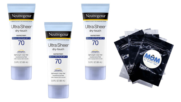 Ultra Sheer Dry-Touch SPF 70 Sunscreen Lotion, 3 pack, 3fl oz per pack, Neutrogena, plus 3 My Outlet Mall Resealable Storage Pouches