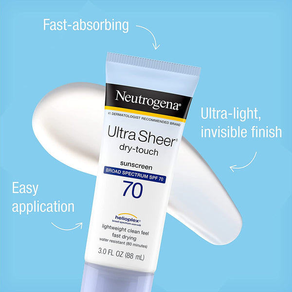 Ultra Sheer Dry-Touch SPF 70 Sunscreen Lotion, 2 pack, 3fl oz per pack, Neutrogena, plus 3 My Outlet Mall Resealable Storage Pouches