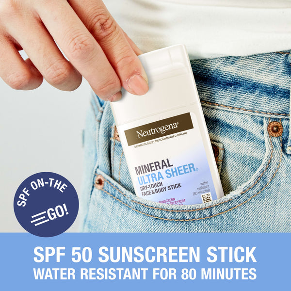 Ultra Sheer SPF 50 Zinc Mineral Sunscreen Stick, 1 pack, 1.5oz, Neutrogena, plus 3 My Outlet Mall Resealable Storage Pouches