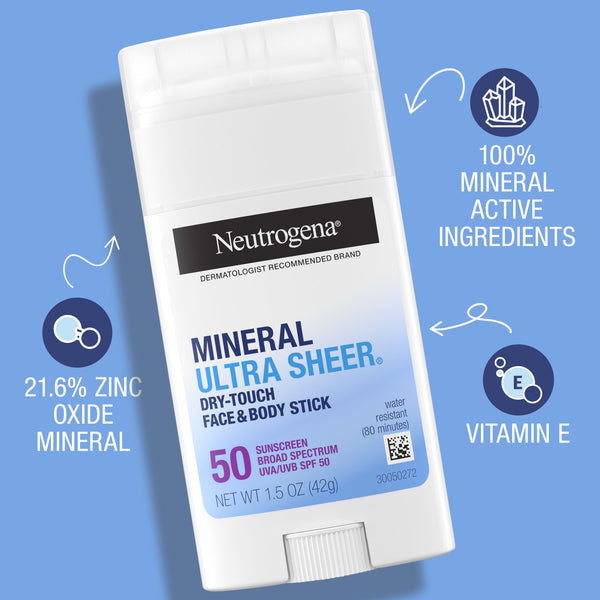 Ultra Sheer SPF 50 Zinc Mineral Sunscreen Stick, 1 pack, 1.5oz, Neutrogena, plus 3 My Outlet Mall Resealable Storage Pouches