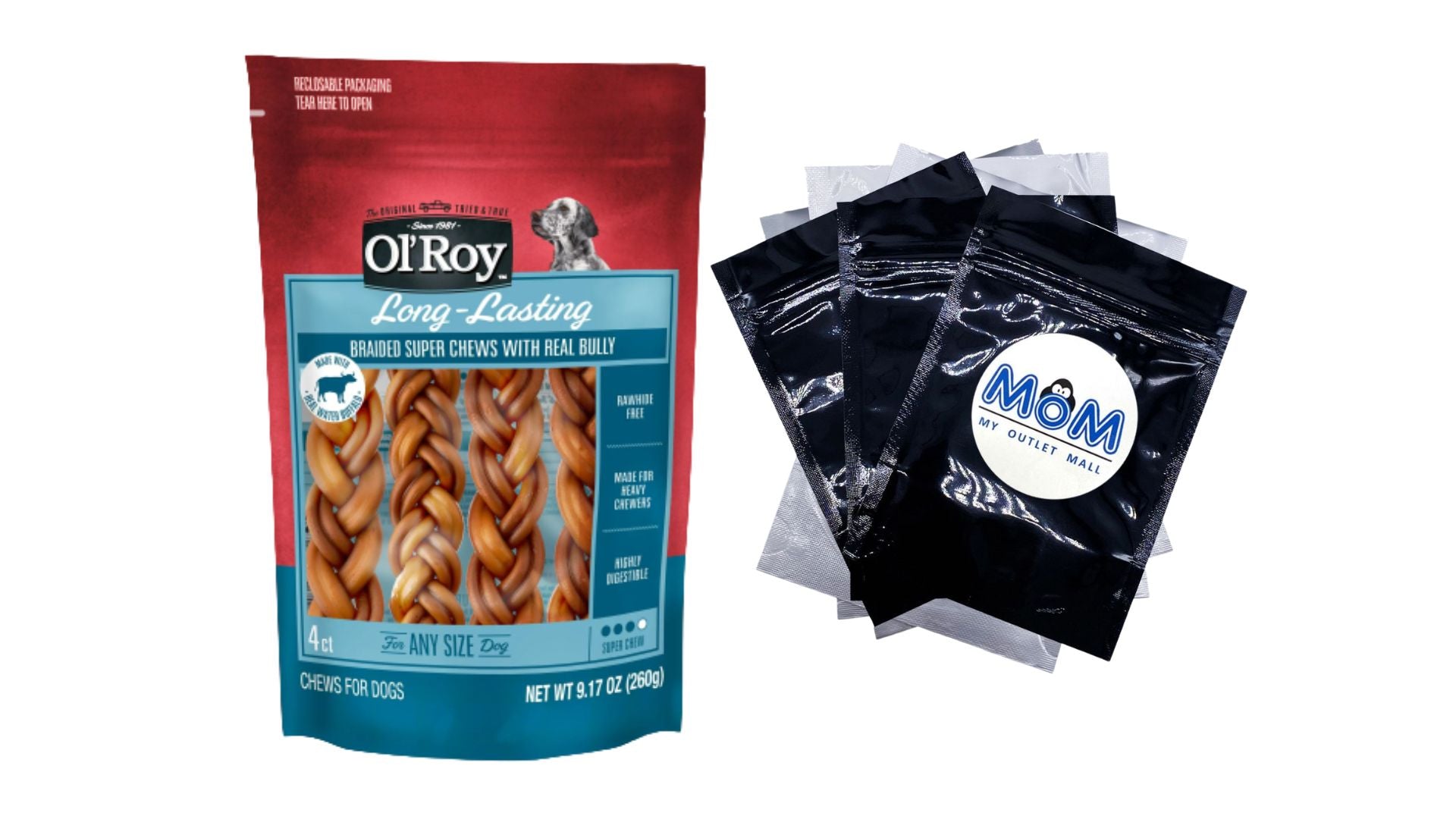 Braided Bully Stick for Dogs, 1 pack, 9.17 oz, plus 3 My Outlet Mall Resealable Storage Pouches