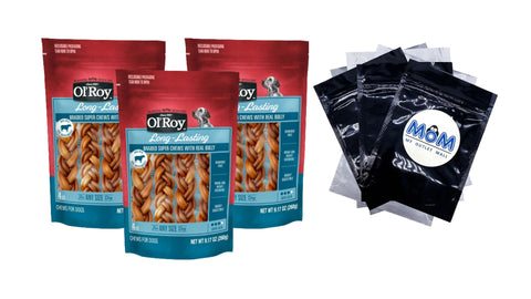 Braided Bully Stick for Dogs, 3 pack, 9.17 oz per pack, plus 3 My Outlet Mall Resealable Storage Pouches