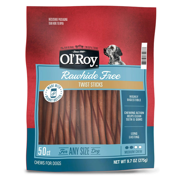 Rawhide Free Peanut Butter Twist Sticks for Dogs - 1 pack - 50 Count - plus 3 My Outlet Mall Resealable Storage Pouches