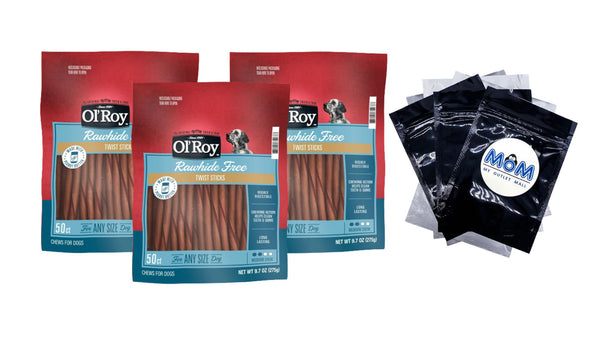 Rawhide Free Peanut Butter Twist Sticks for Dogs - 3 packs - 50 Count - plus 3 My Outlet Mall Resealable Storage Pouches