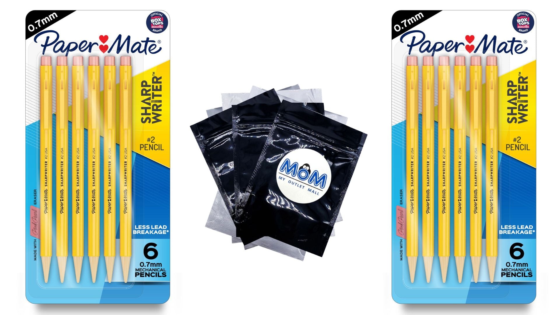 SharpWriter Mechanical Pencils 0.7mm HB No. 2 Yellow, 2 pack, 6 count per pack, Paper Mate, plus 3 My Outlet Mall Resealable Storage Pouches