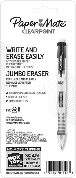 Clearpoint Mechanical Pencils HB No. 2 Lead 0.9mm Assorted Barrel Colors - 2 packs - 2 Pencils, 1 Lead refill set, 2 Erasers per pack - Paper Mate - plus 3 My Outlet Mall Resealable Storage Pouches