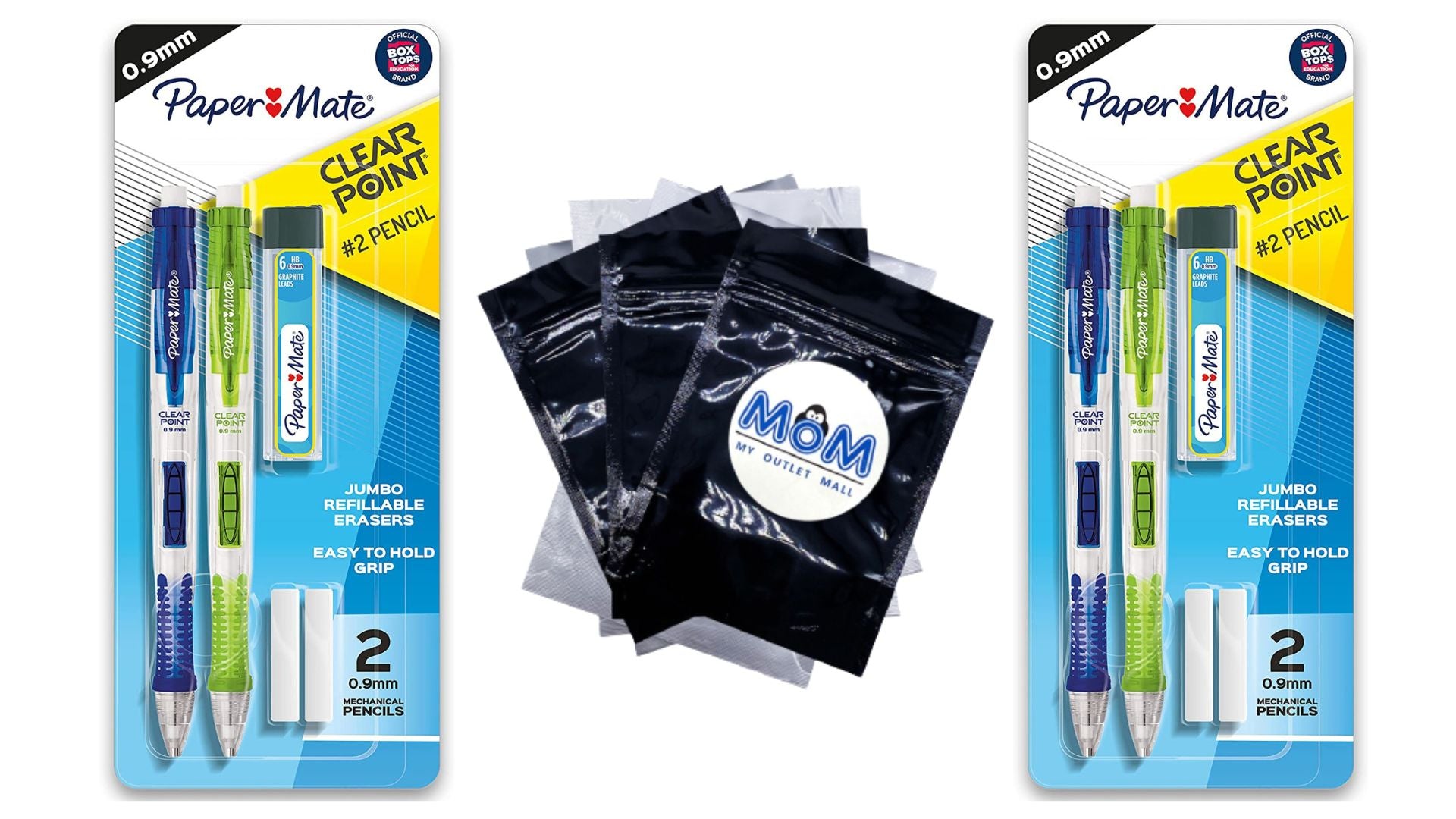 Clearpoint Mechanical Pencils HB No. 2 Lead 0.9mm Assorted Barrel Colors - 2 packs - 2 Pencils, 1 Lead refill set, 2 Erasers per pack - Paper Mate - plus 3 My Outlet Mall Resealable Storage Pouches