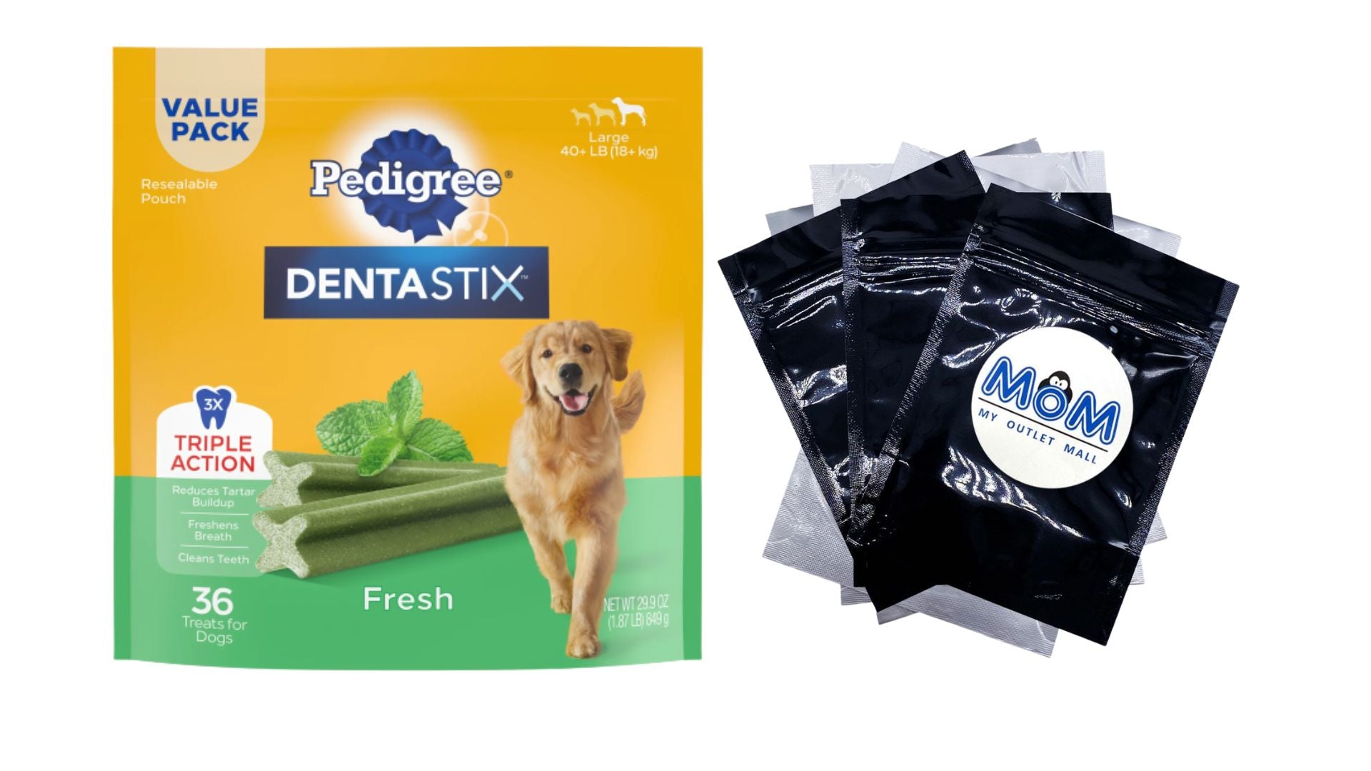 Fresh Flavor Dental Bone Treats for Large Dogs, 1 pack, 1.94lb (36 Treats) plus 3 My Outlet Mall Resealable Storage Pouches